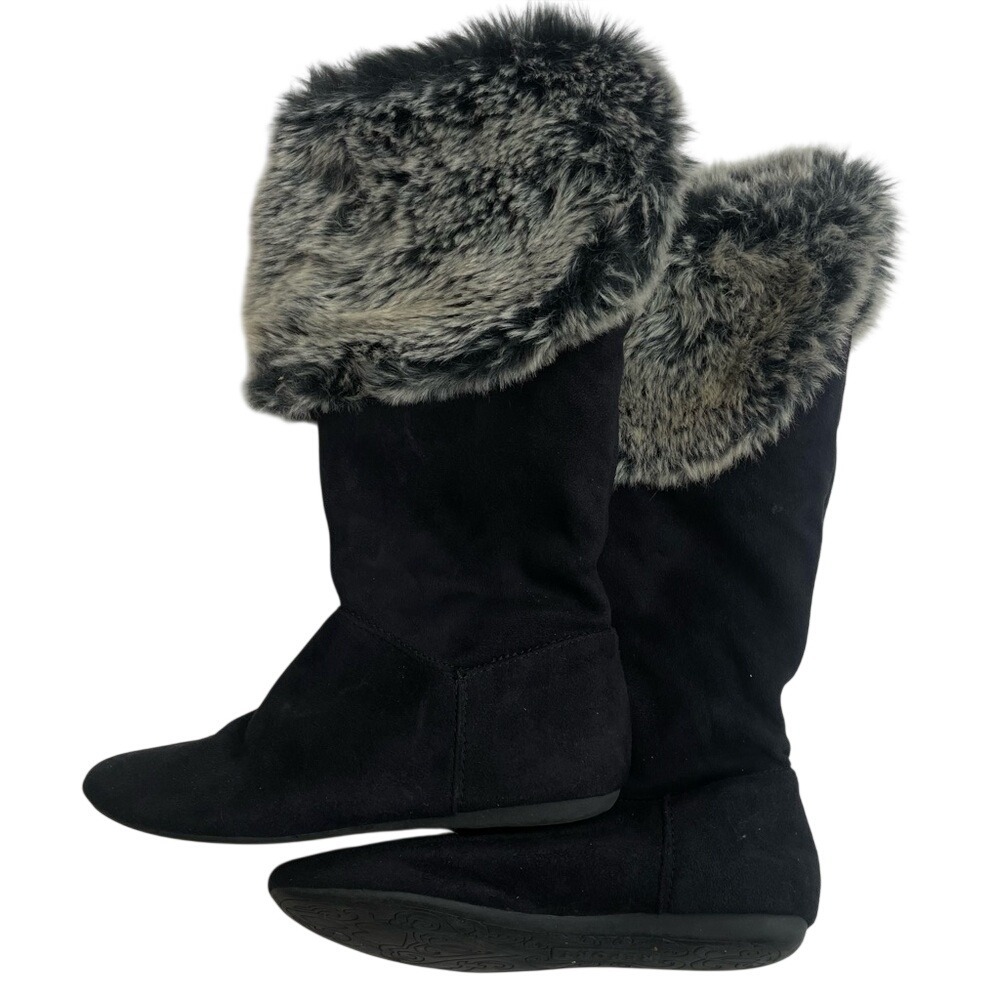 Report Womens Black Faux Suede Mid-Calf Boots Grey‎ Faux Fur Trim Flat Sole